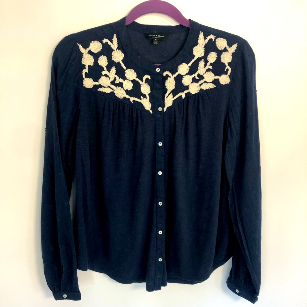 LUCKY BRAND Embroidered-Yoke Women Navy Blue Long Sleeve Button Down Blouse Sz M